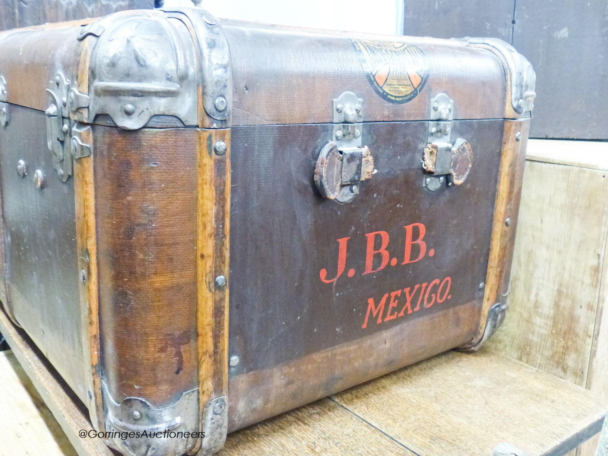 A vintage wood bound travelling trunk, length 102cm, depth 60cm, height 43cm